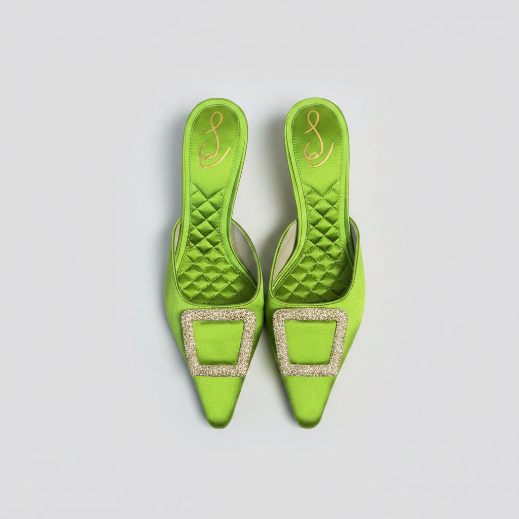 Sam Edelman acid green satin mule jeweled Brit heel, Size 8.5, BRAND NEW IN BOX!