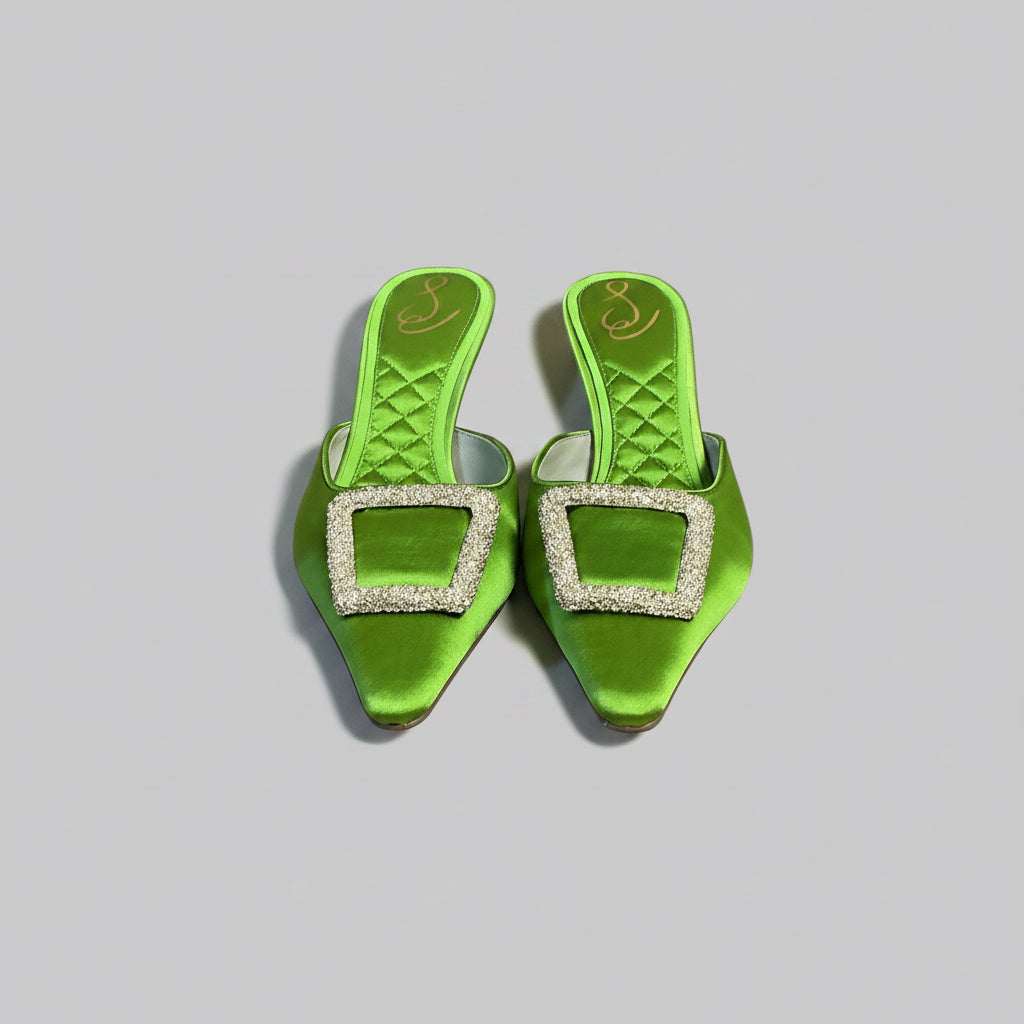 Sam Edelman acid green satin mule jeweled Brit heel, Size 8.5, BRAND NEW IN BOX!