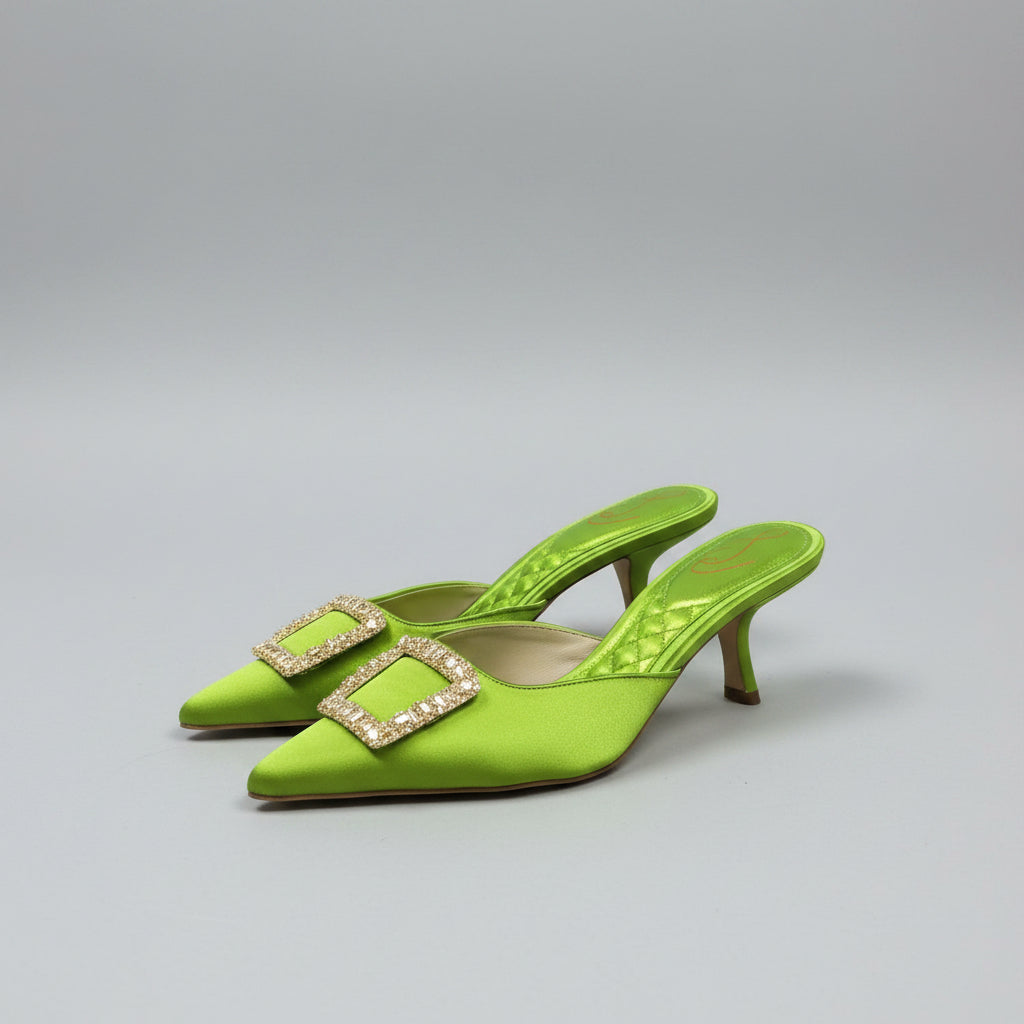 Sam Edelman acid green satin mule jeweled Brit heel, Size 8.5, BRAND NEW IN BOX!