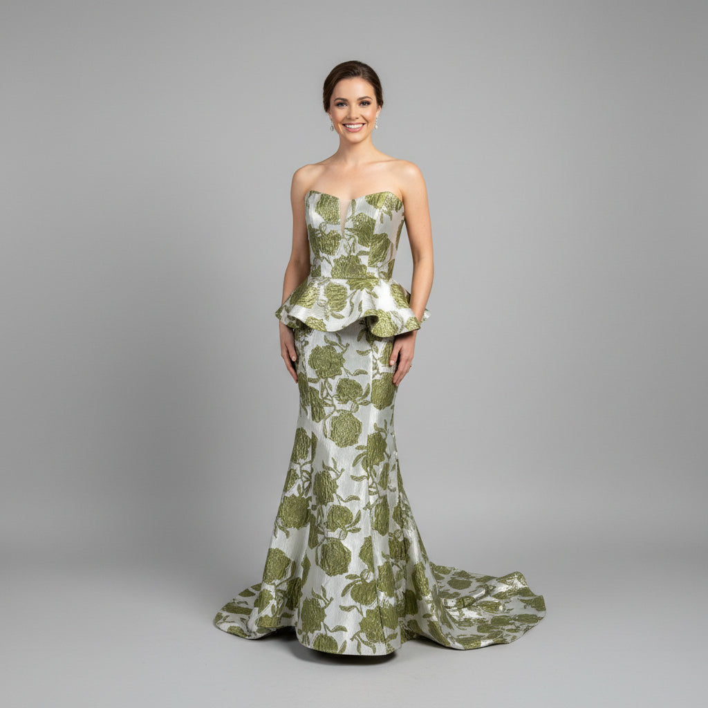 Christina Wu Elegance green and silver metallic floral dress, size 4