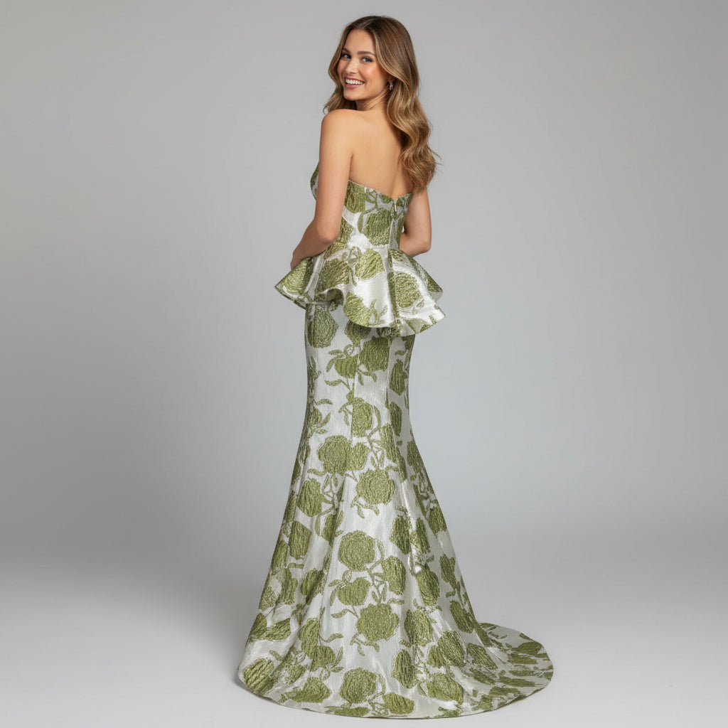 Christina Wu Elegance green and silver metallic floral dress, size 4