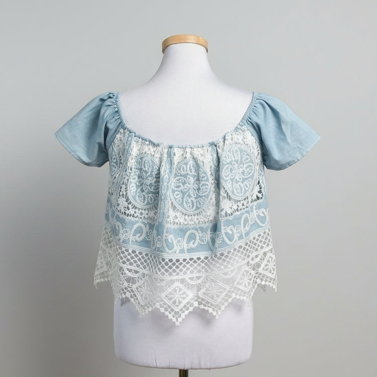 Lucy Paris light blue and white lace blouse, size XS, LIKE NEW!