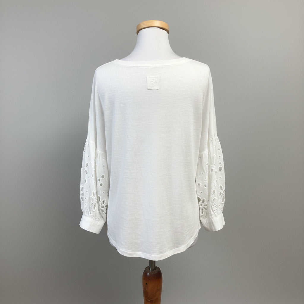 120 Lino white linen eyelet sleeve blouse, Size XXS