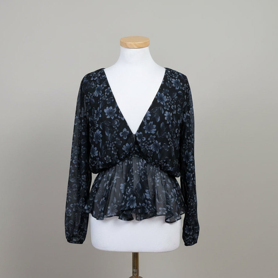 Misa black/blue floral long sleeve blouse, size L