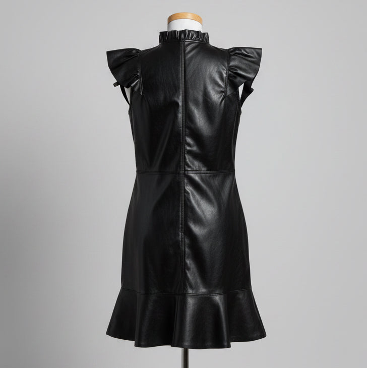 Melissa Nelson black faux leather ruffle sleeve dress, Size S