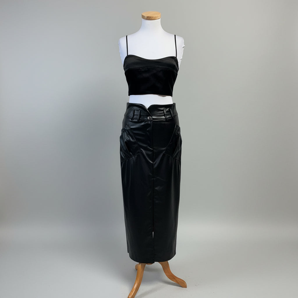 Stillwater black vegan leather skirt and satin top set, size M, NEW WITH TAGS!