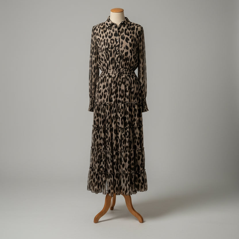 Tahari black/tan leopard print maxi dress, Size S/P
