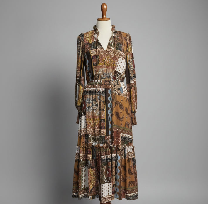 Tahari brown paisley patch print maxi dress, Size S/P