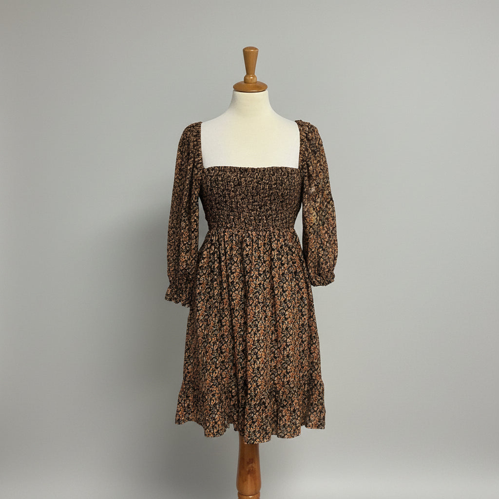 Faithfull the Brand black and orange floral linen dress, size 8