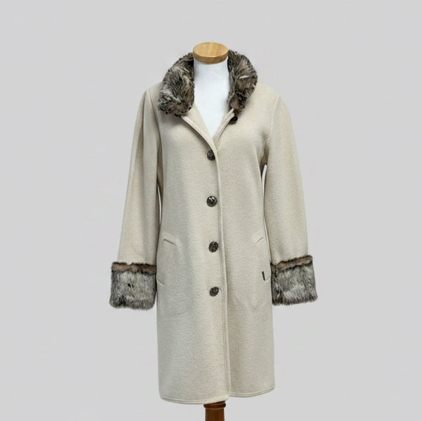 Marae beige wool Jackie coat with faux fur trim, size M