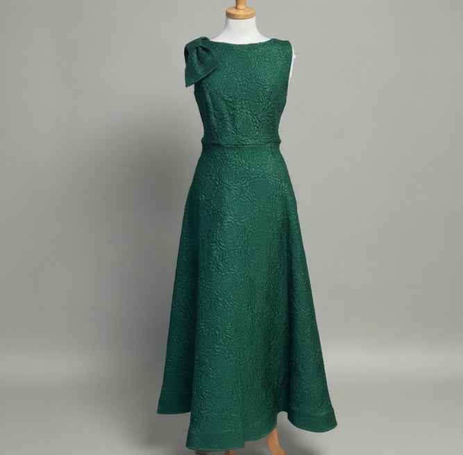 Marina evergreen brocade dress with bow, size L