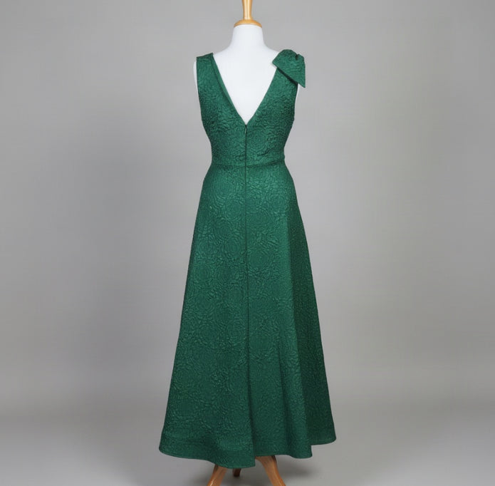 Marina evergreen brocade dress with bow, size L