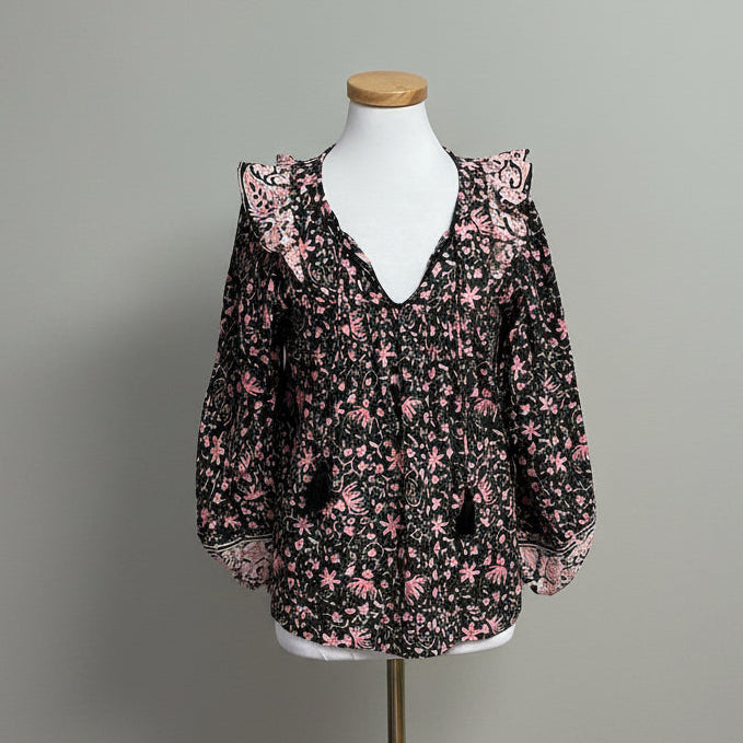 Cleobella black, pink, and metallic floral Brynlee blouse, size XS