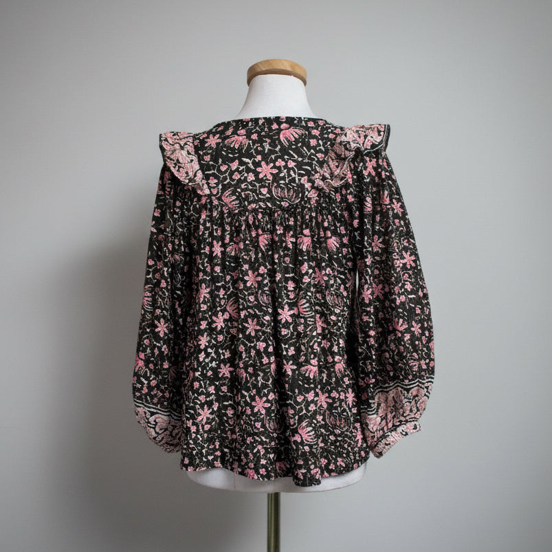 Cleobella black, pink, and metallic floral Brynlee blouse, size XS