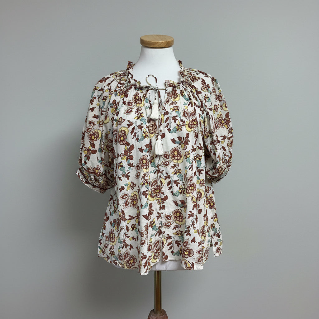 Cleobella white and nutmeg floral Iris blouse in Enya block print, size S