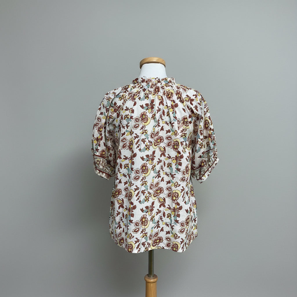 Cleobella white and nutmeg floral Iris blouse in Enya block print, size S