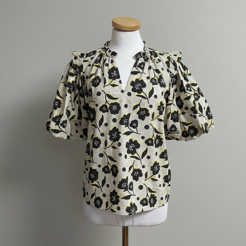 THML tan, black, and yellow floral blouse, size S