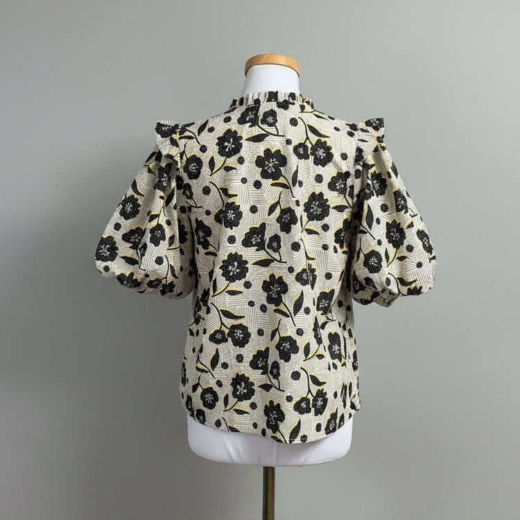 THML tan, black, and yellow floral blouse, size S