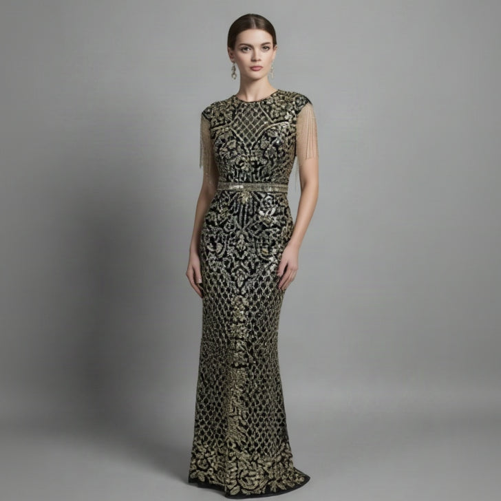 Mac Duggal black and gold beaded dress, size 8