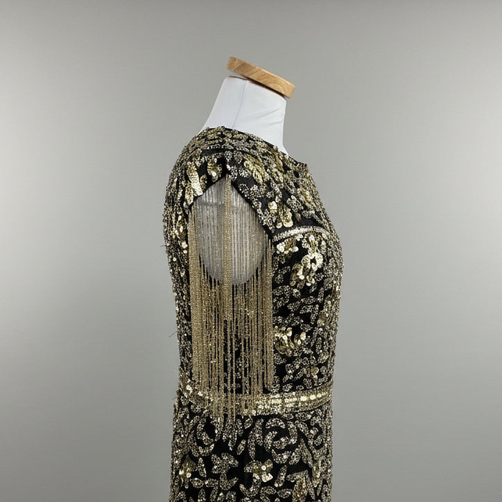 Mac Duggal black and gold beaded dress, size 8