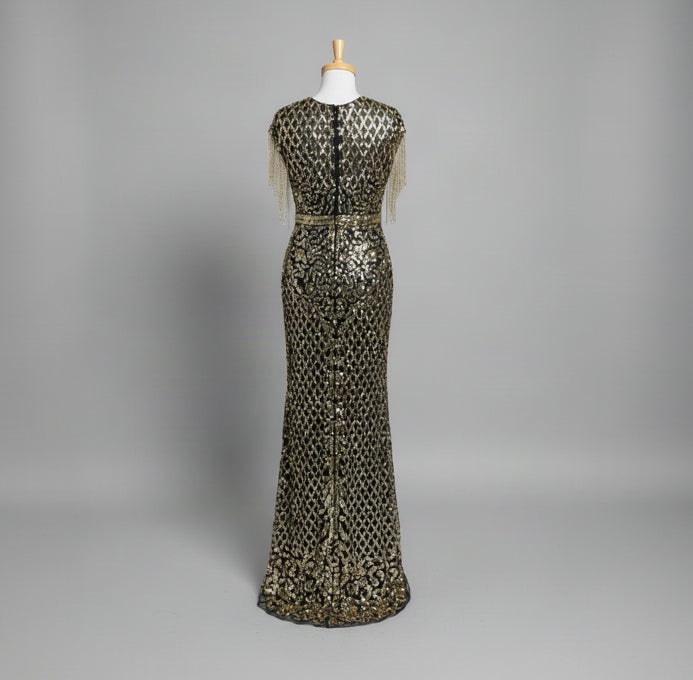 Mac Duggal black and gold beaded dress, size 8