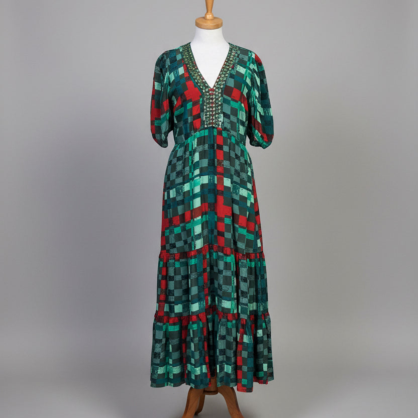 Sheridan French red and green Margot dress with beads, size M