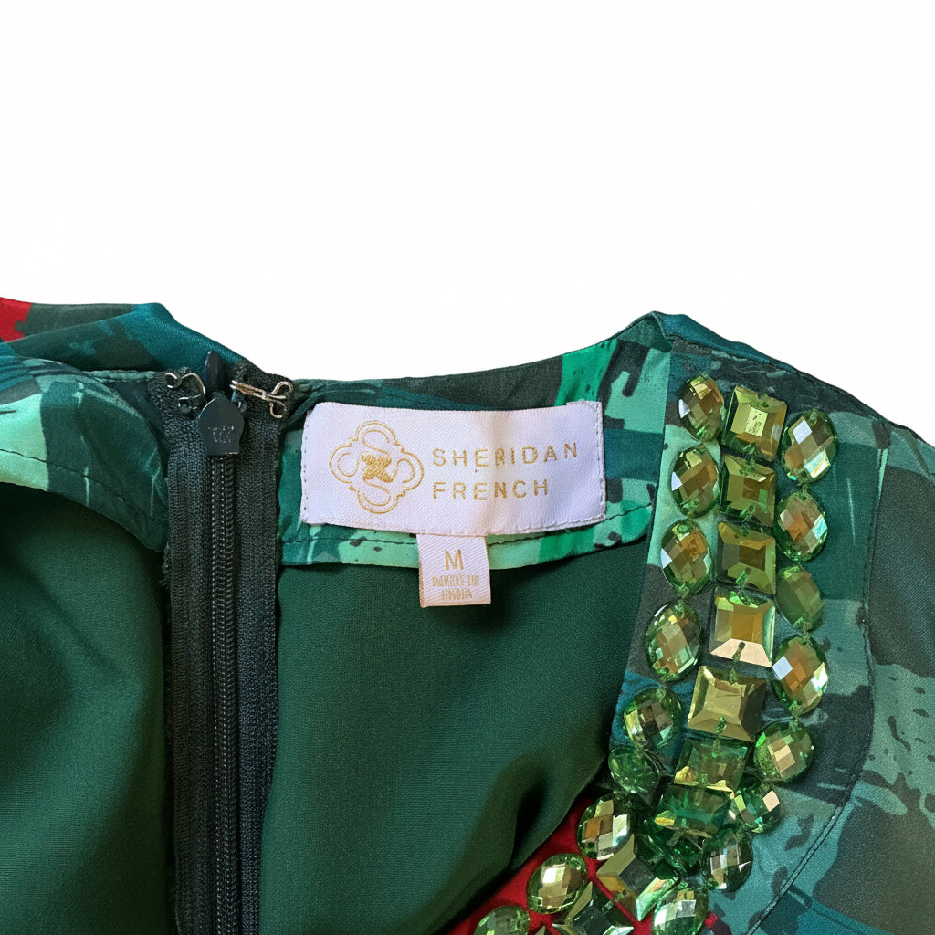 Sheridan French red and green Margot dress with beads, size M