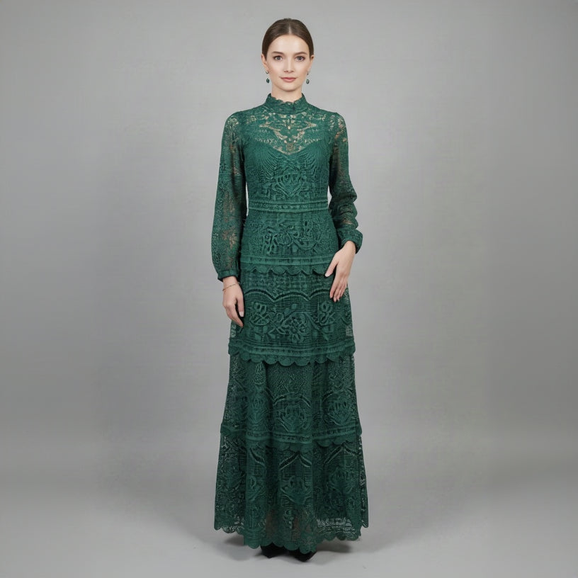 FARM Rio dark green guipure lace dress, size S