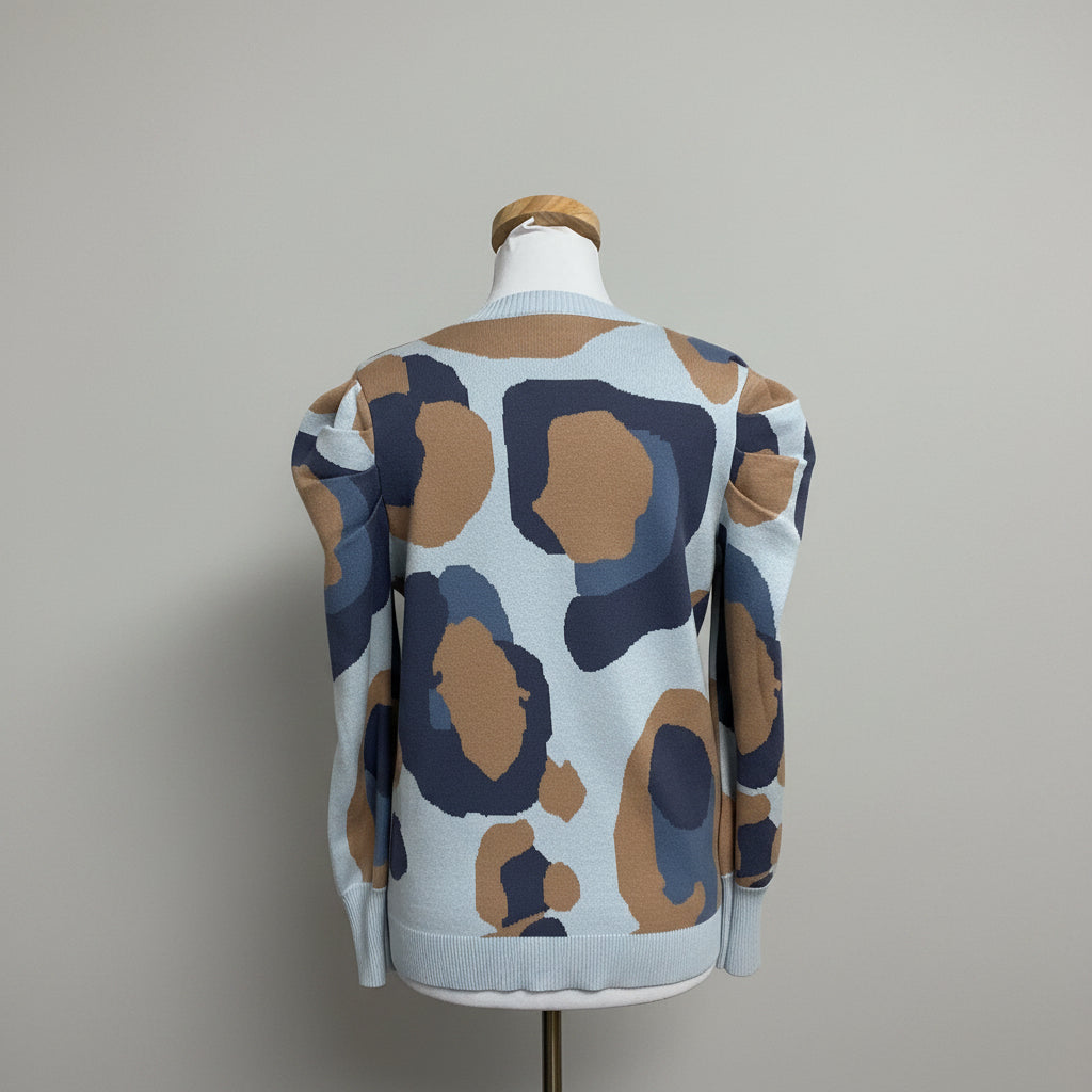 Emily McCarthy blue and brown cheetah Julia sweater, Size M