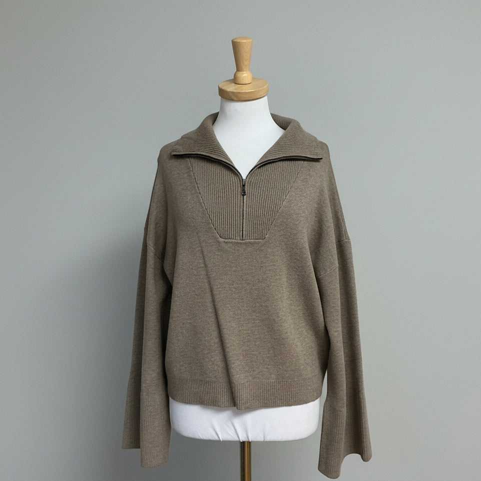 Sundays mocha zip neck sweater with wide sleeves, size M