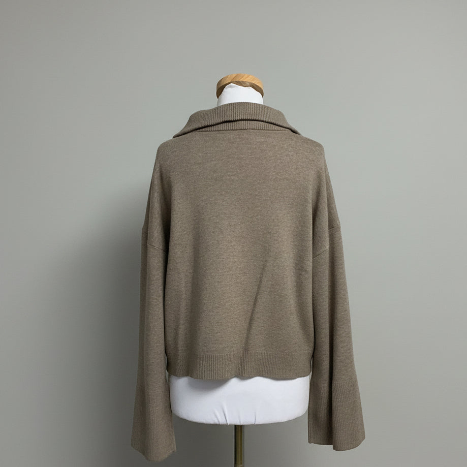 Sundays mocha zip neck sweater with wide sleeves, size M