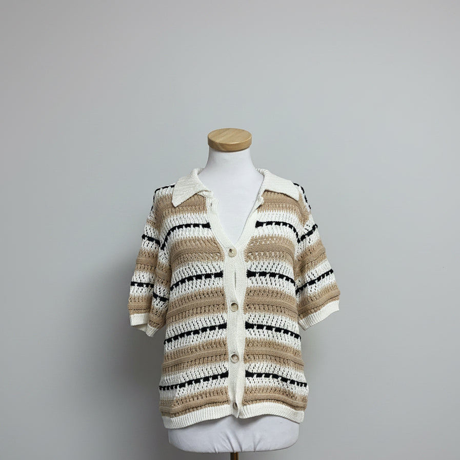 525 khaki and black Fair Isle short sleeve cardigan sweater, size L