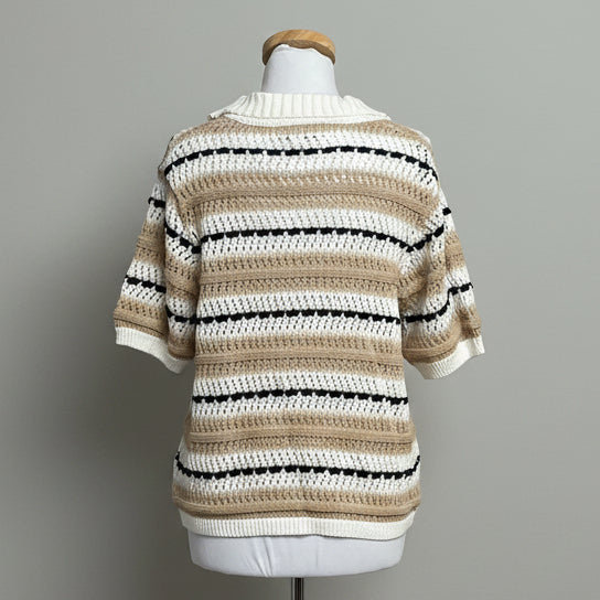 525 khaki and black Fair Isle short sleeve cardigan sweater, size L
