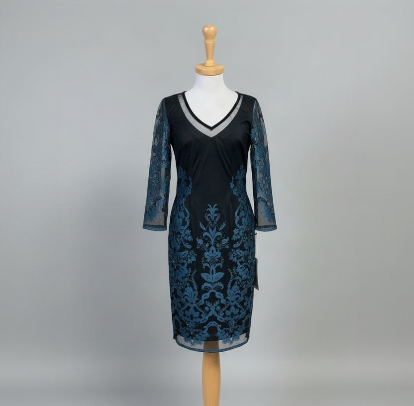 Et Cetera black dress with teal embroidery, size 2, NEW WITH TAGS!