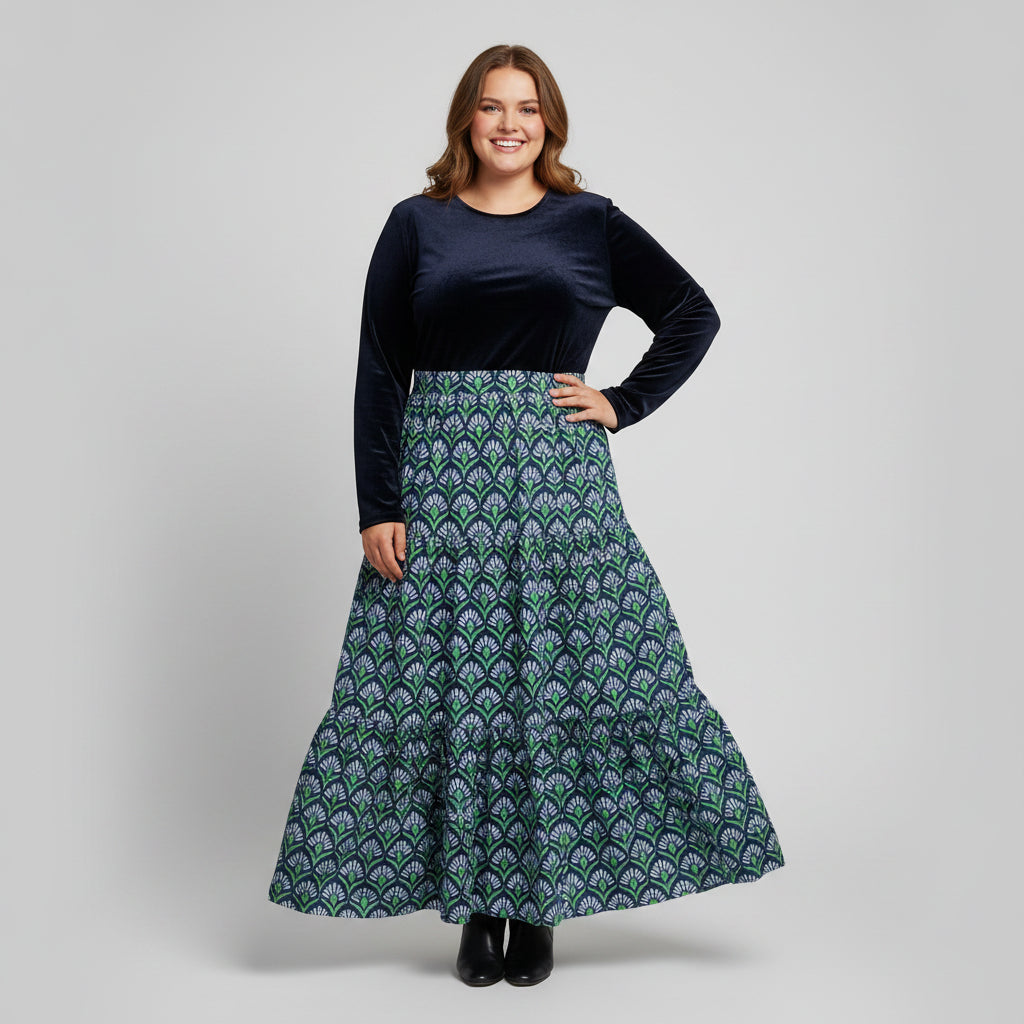 Prosperina blue velvet and floral Fontaine dress, size L, NEW WITH TAGS!