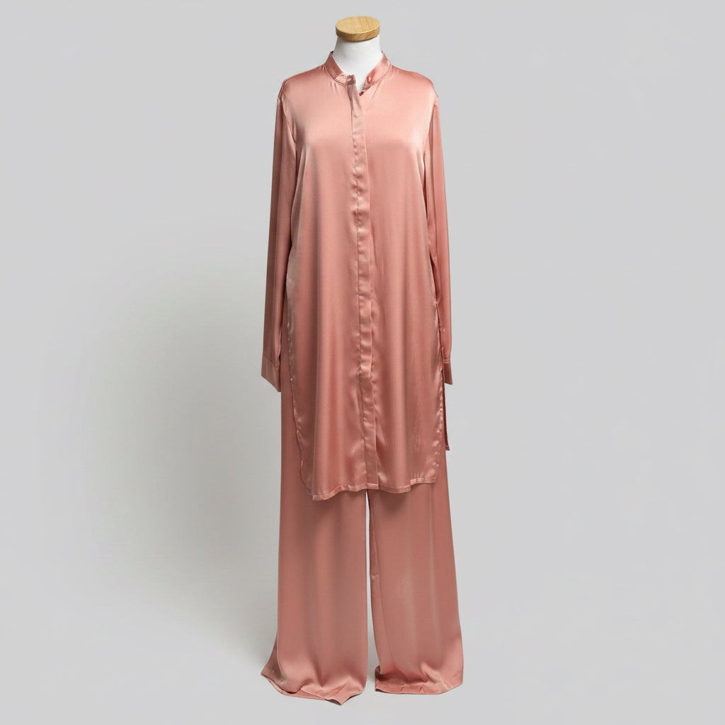 Andrea Iyamah peach satin blouse/pant set, size L, NEW WITH TAGS!