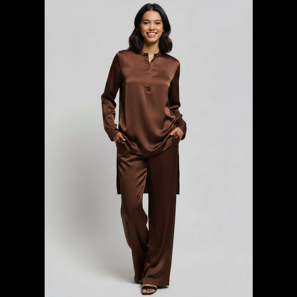 Andrea Iyamah cinnamon satin blouse/pant set, size M, NEW WITH TAGS!