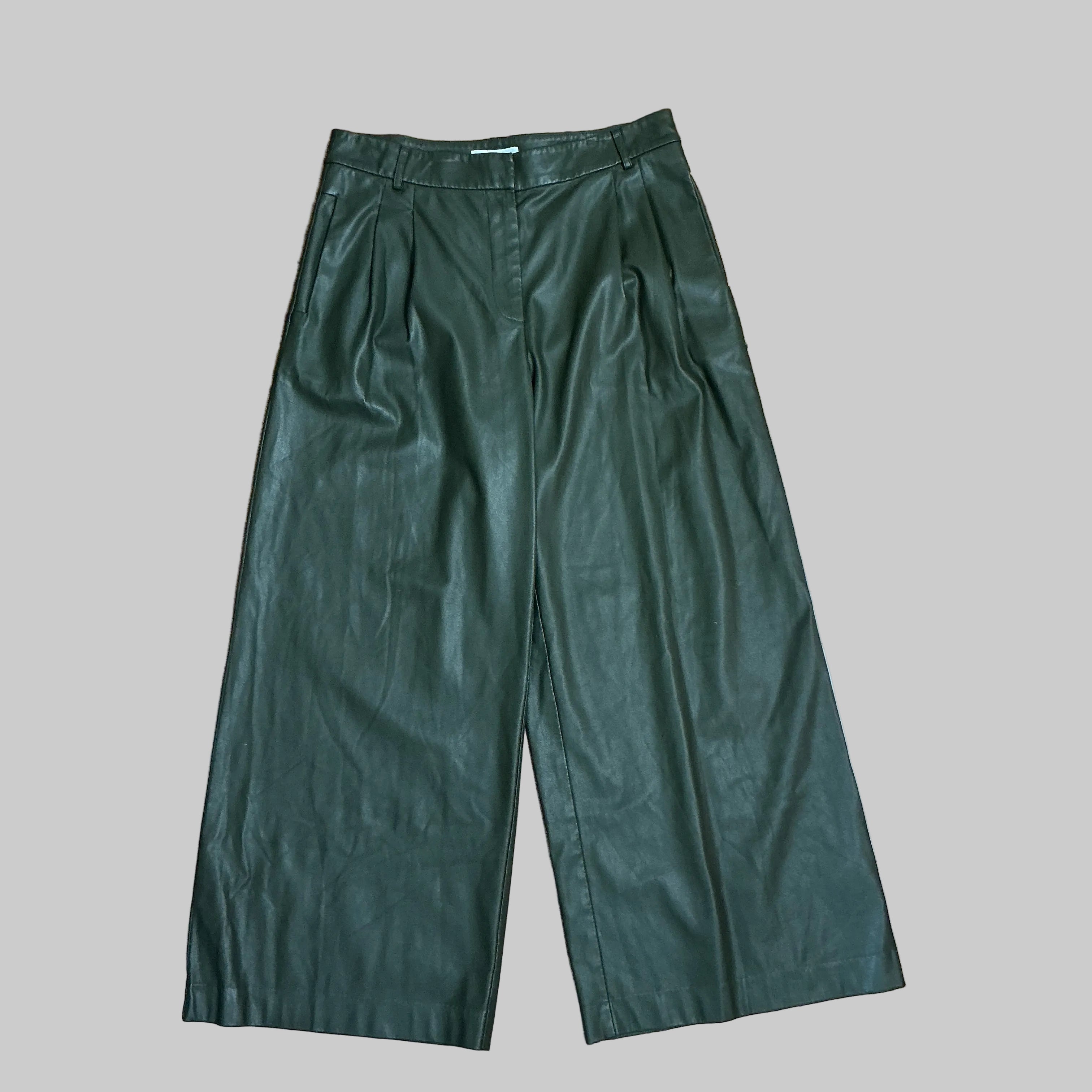 Saunders olive vegan leather wide leg pants, size 12
