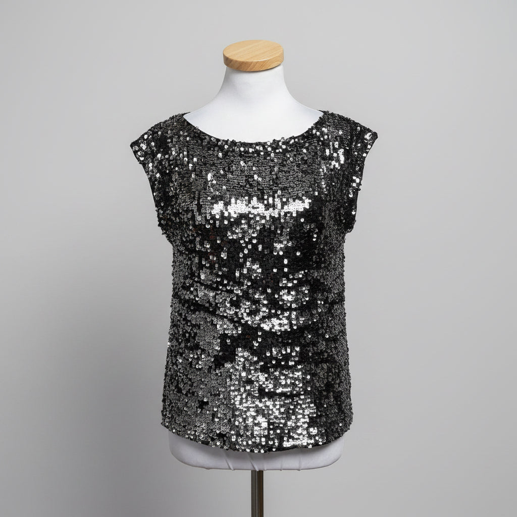 Alice & Olivia black and charcoal sequin top, size M