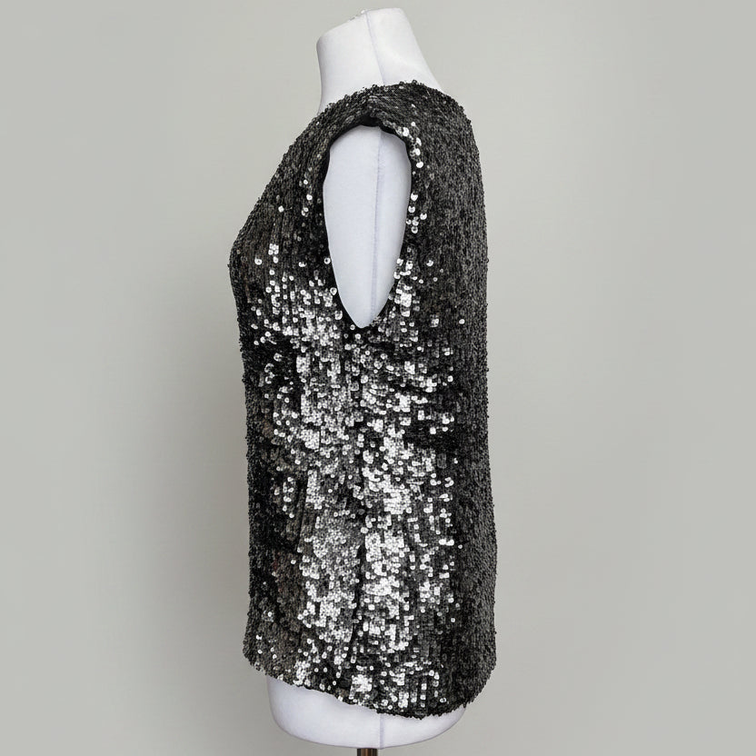 Alice & Olivia black and charcoal sequin top, size M