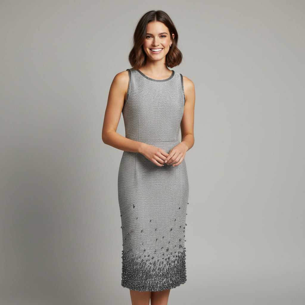 St. John Couture ivory and gray beaded dress, size 4