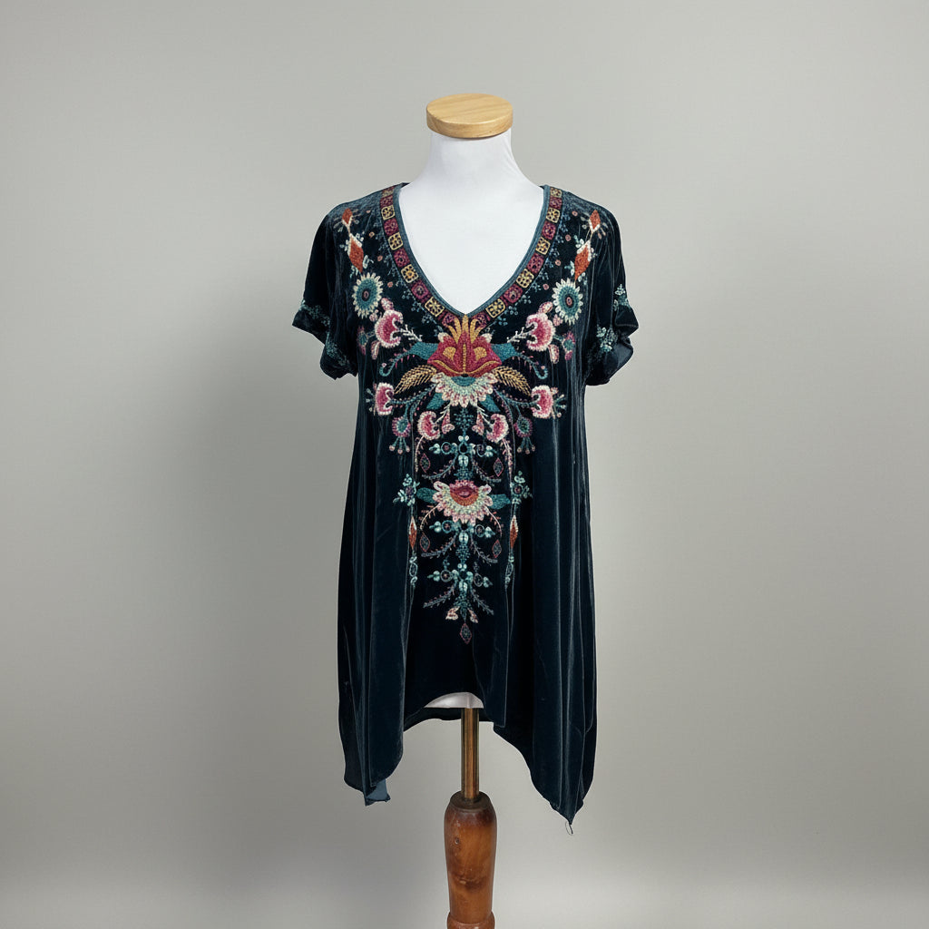 Johnny Was navy velour embroidered blouse, size S