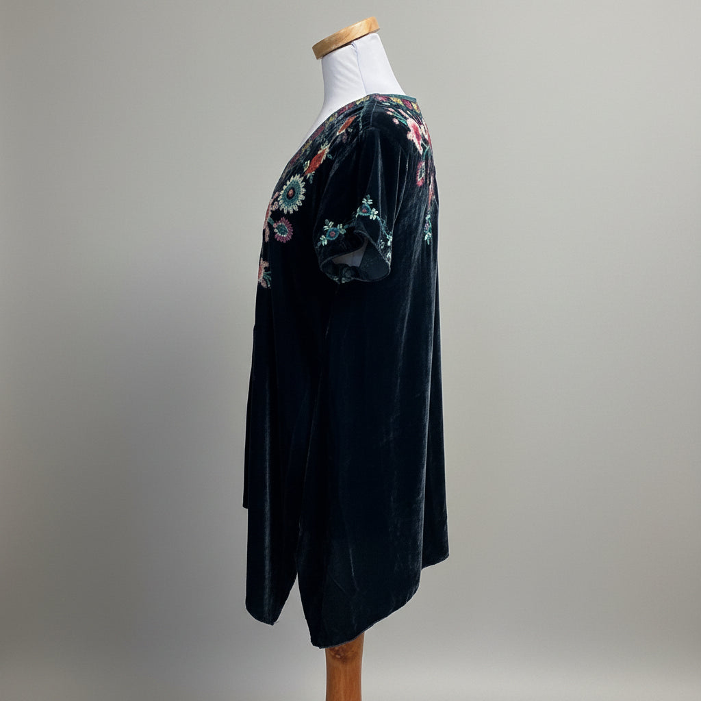 Johnny Was navy velour embroidered blouse, size S