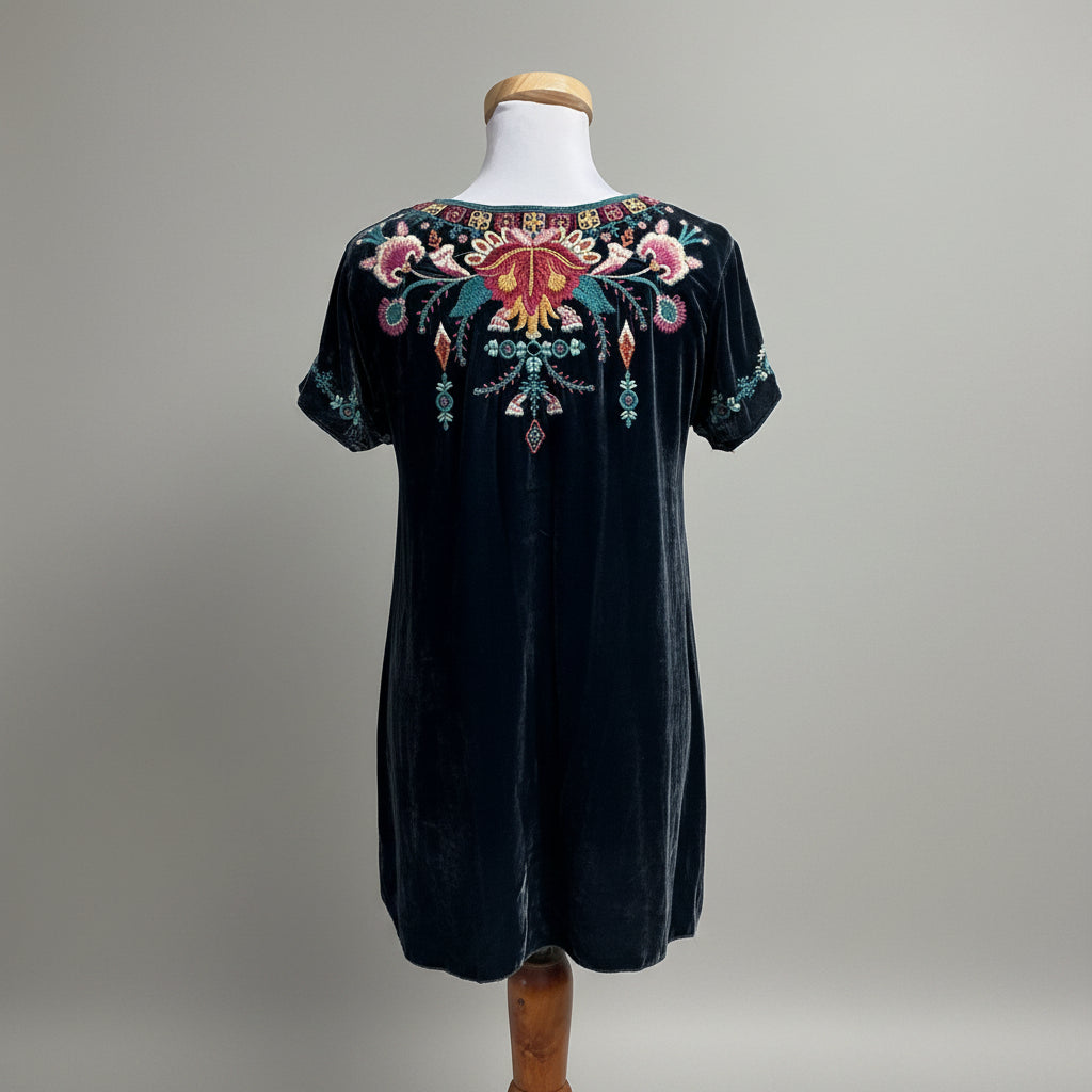 Johnny Was navy velour embroidered blouse, size S
