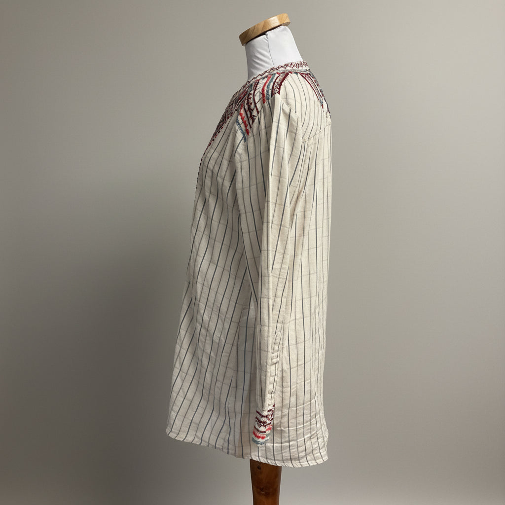 Johnny Was cream and blue striped and embroidered blouse, size S