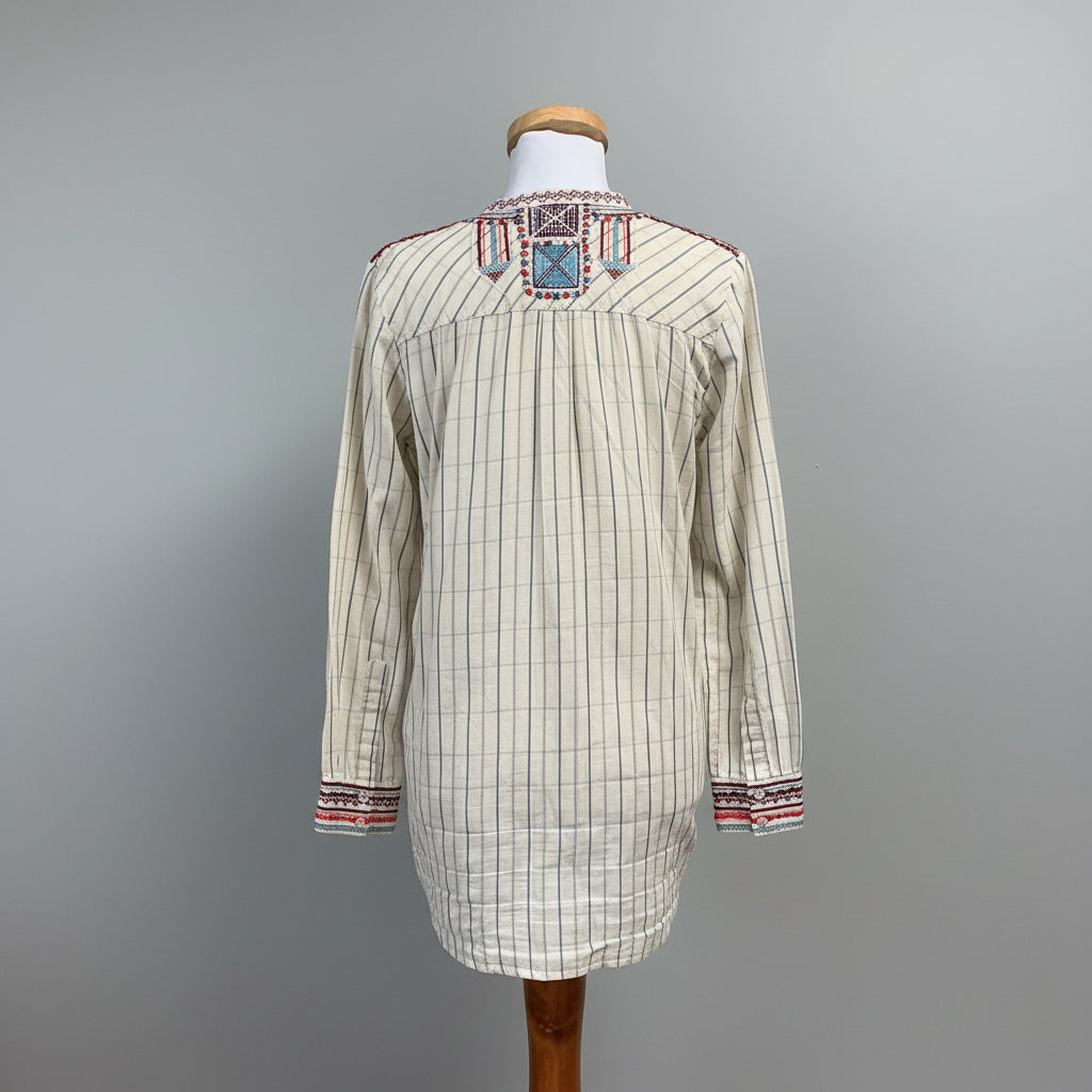 Johnny Was cream and blue striped and embroidered blouse, size S