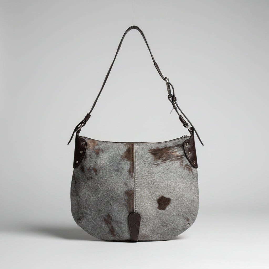 Donald J. Pliner brown & gray leather and fur shoulder bag