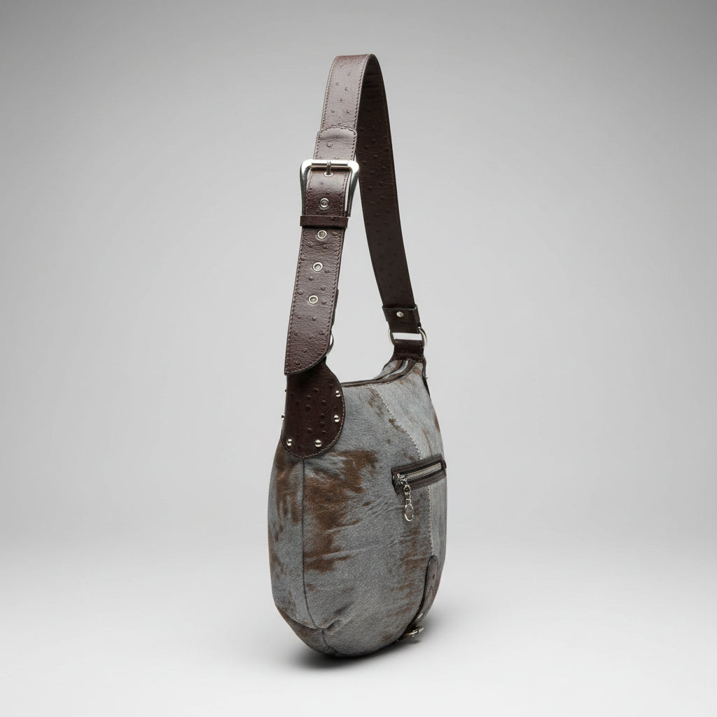 Donald J. Pliner brown & gray leather and fur shoulder bag