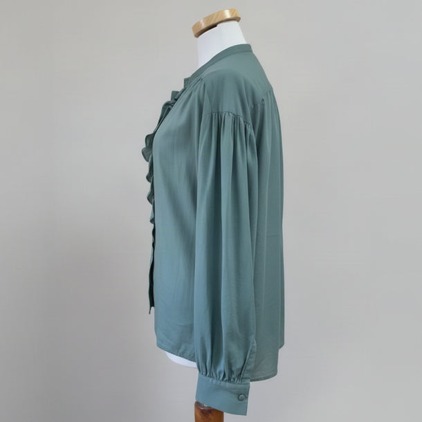 Luisa Cerani teal cotton blouse with ruffle, size 4, NEW WITH TAGS!