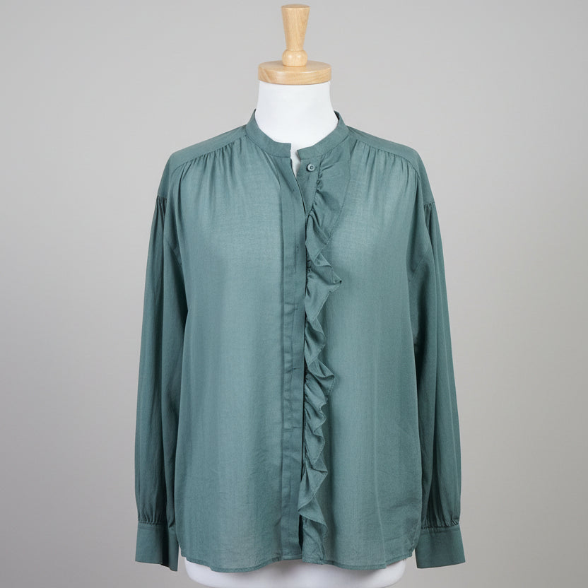 Luisa Cerani teal cotton blouse with ruffle, size 4, NEW WITH TAGS!